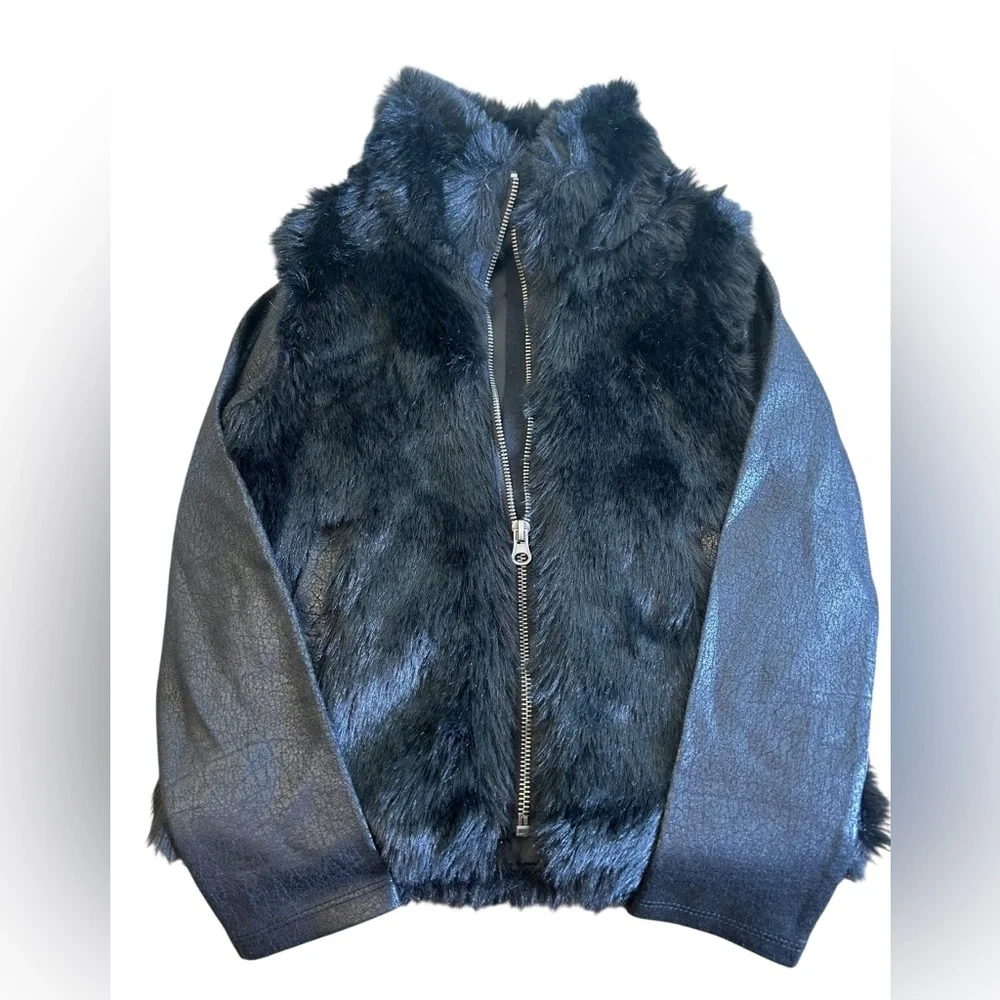 DKNY Girls Faux‎ Fur & Faux Leather Full Zip Biker Style Jacket Black Sz S (7/8)